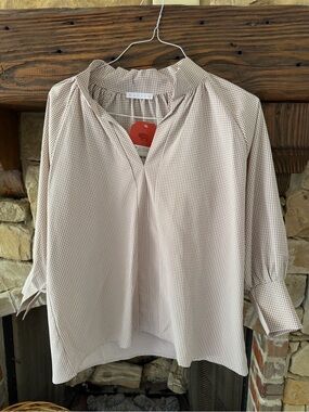 Karlie Ivory and Taupe Gingham V-Neck Blouse
